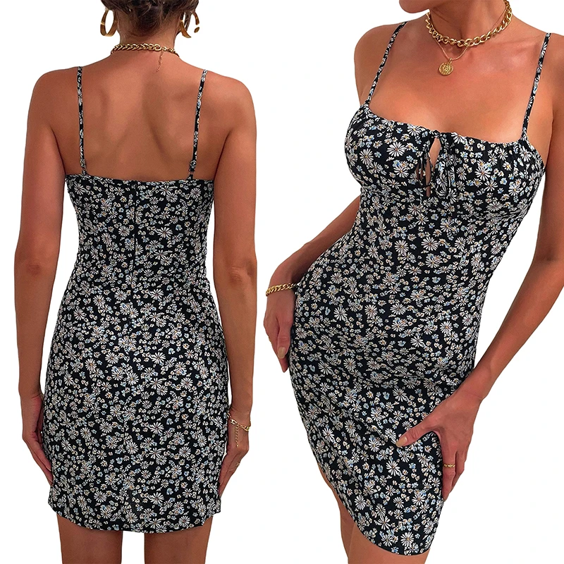 

Women Boho Bodycon Mini Dress Summer Casual Sleeveless Spaghetti Strap Floral Daisy Print Short Party Club Dress Beach Vacation