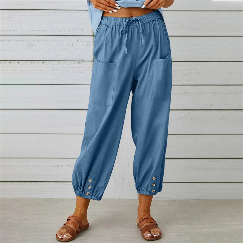 Solid Color Drawstring Elastic Waist Work Trousers Elegant Loose Double Pocket Casual Cotton Harem Pants