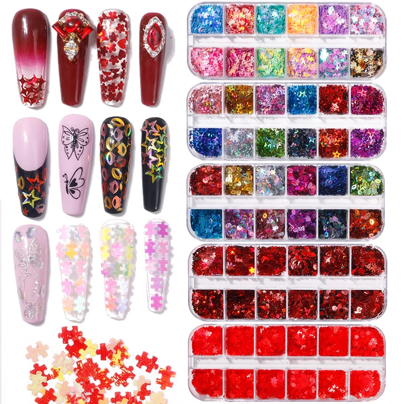 

12 Grid Iridescent Flakes Nail Art Sequins Fire Opal Foil Nail Powder UV Gel Polish Paillette Glitter Flake Nail Accessories Box