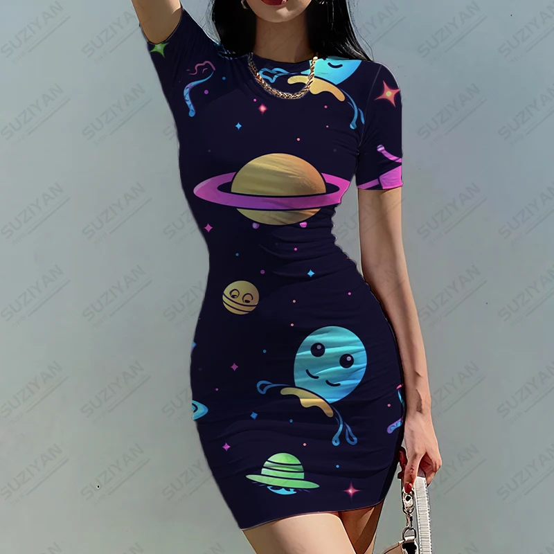 

Interesting Alien 3D Printed Dress Summer Fashion Casual Short -sleeved Dress Street Goth Dress Female Round Neck Dress