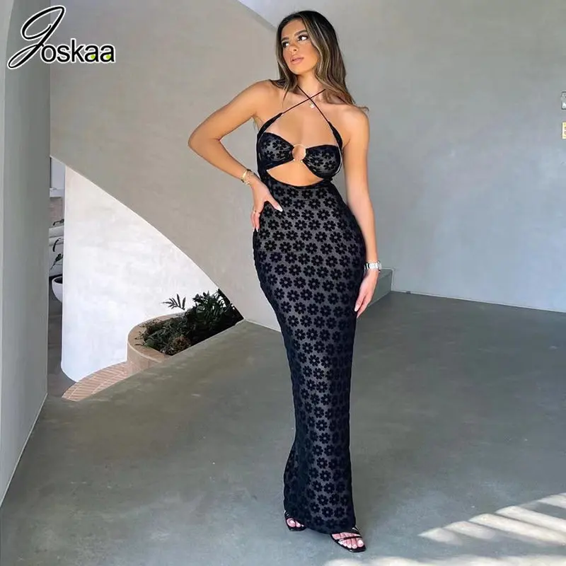 

Joskaa Print Hollow Out Black Long Maxi Dress Women Hipster Sexy Halter Backless Body-shaping Robe Summer 2023 Party Clubwear
