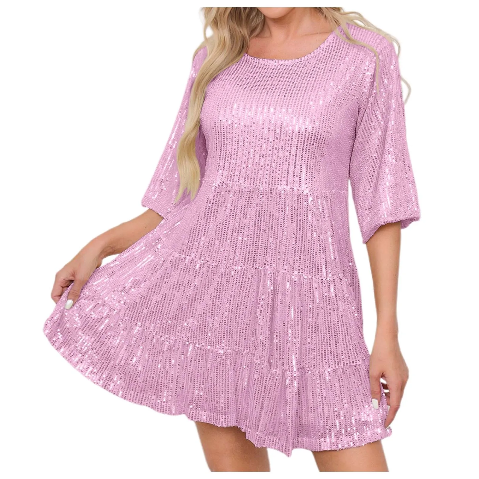 Женское блестящее многоуровневое платье-туника с круглым вырезом и короткими