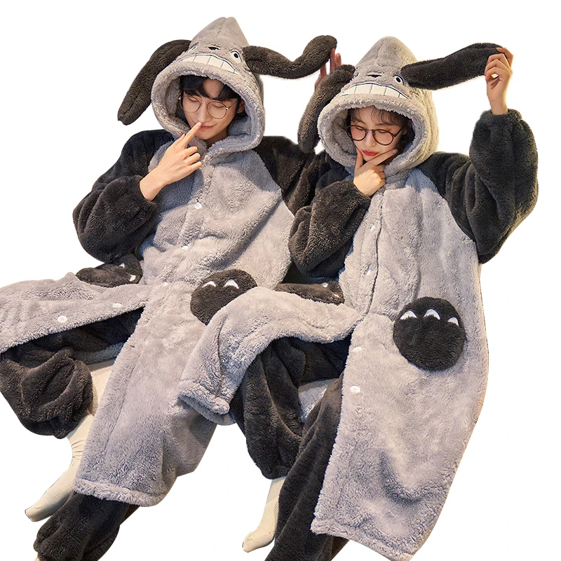 QUHENG Women Man Winter Flannel Pajamas Set Long Sleeve Cartoon Pijamas  Home Clothes Suits Autumn Warm Nightgown Sleepwear Suit
