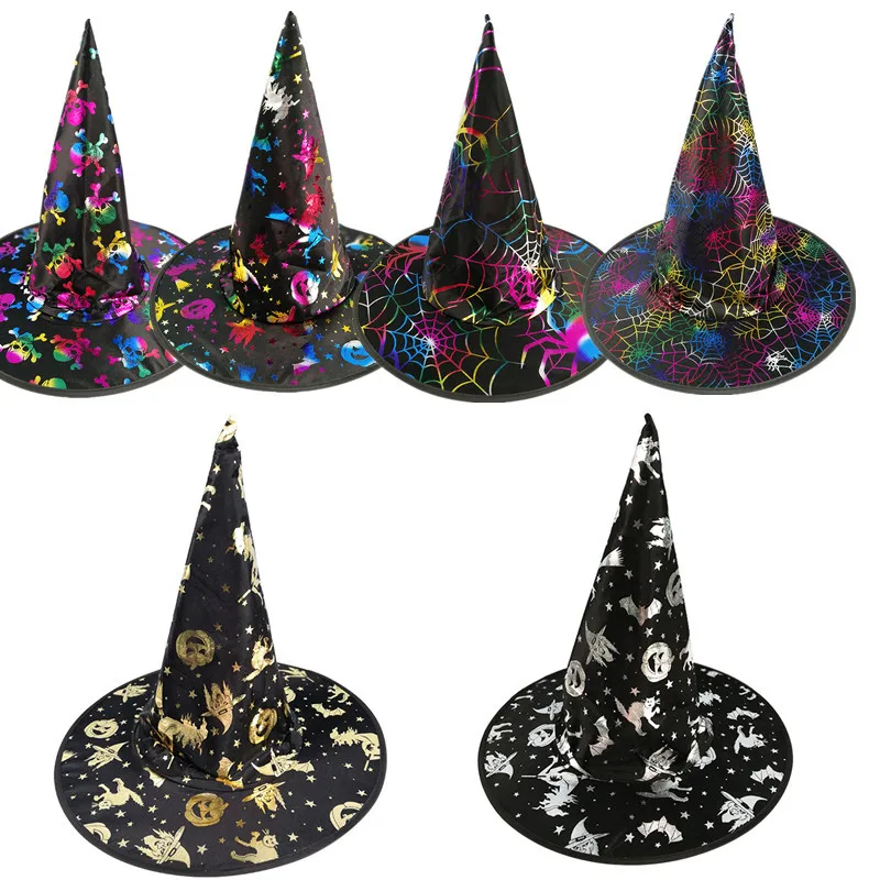 

2023 Halloween Decoration Gold Stamping Witch Hat Ghost Festival Costume Wizard Hats Kids Happy Halloween Party Decor