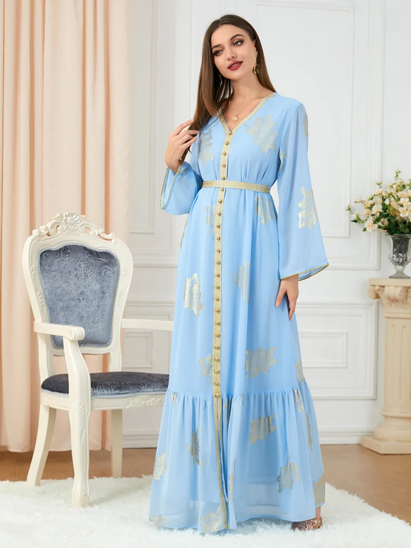 Party Dresses Muslim Abaya Women Dubai 2022 Iron Long Sleeve V-Neck Button Maxi Long Dress Tape Belted Kaftan Split Hem Vestidos
