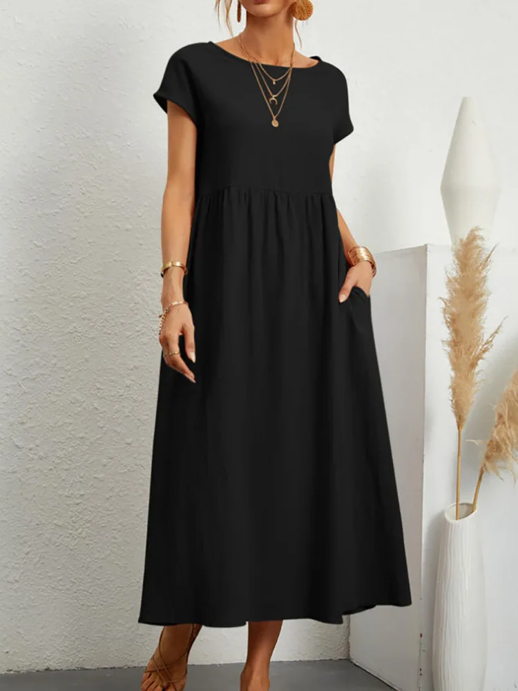 2023 new Vintage Dress O-Neck Half Sleeve Solid Dresses Summer Women Mid-Calf Length Robe Female Causal Holiday Sundress Kaftan