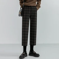 2021 women new autumn woolen plaid chic loose formal straight pocket pant plus size high waist ankle length ladies winter pants