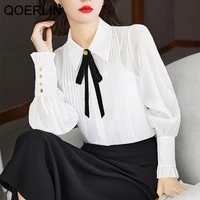 qoerlin 2 piece blouse and camisoles chic micro transparent long sleeve ruffles white shirts bow chiffon blouse female