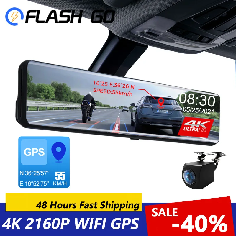 $61.20 Car DVR Rear View Mirror Recorder 4K Video 12 Inch Dash Cam WIFI GPS Track Sony IMX415 Ultra HD 3840*2160P Camera for Phone App