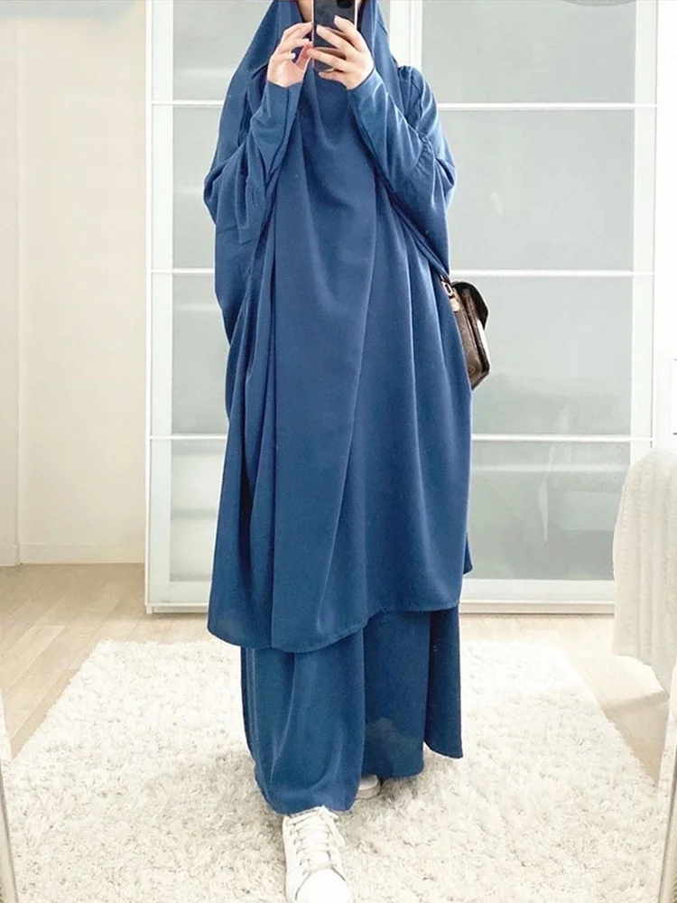 Hooded Muslim Prayers Two Piece Set Women Hijab Dress Dubai Prayer Garment Jilbab Abaya Ramadan Gown Skirt Sets Islamic Clothes