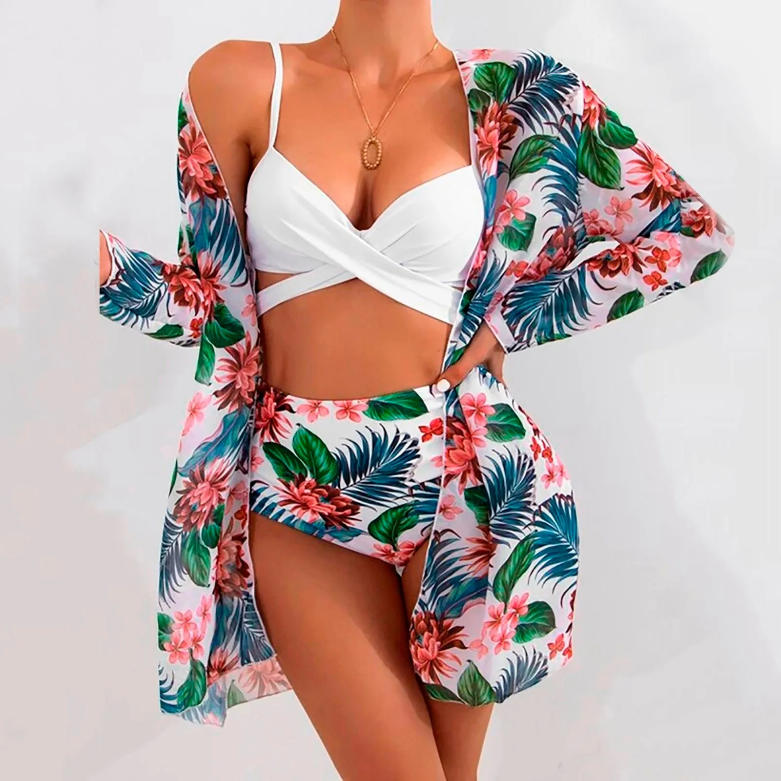 

2023 Sexy 3 Piece Women High Waist Bikinis Prints Bikini Set Cover Up Swimsuit Ladies Long Sleeve Push Up Plus Size Swimsuit