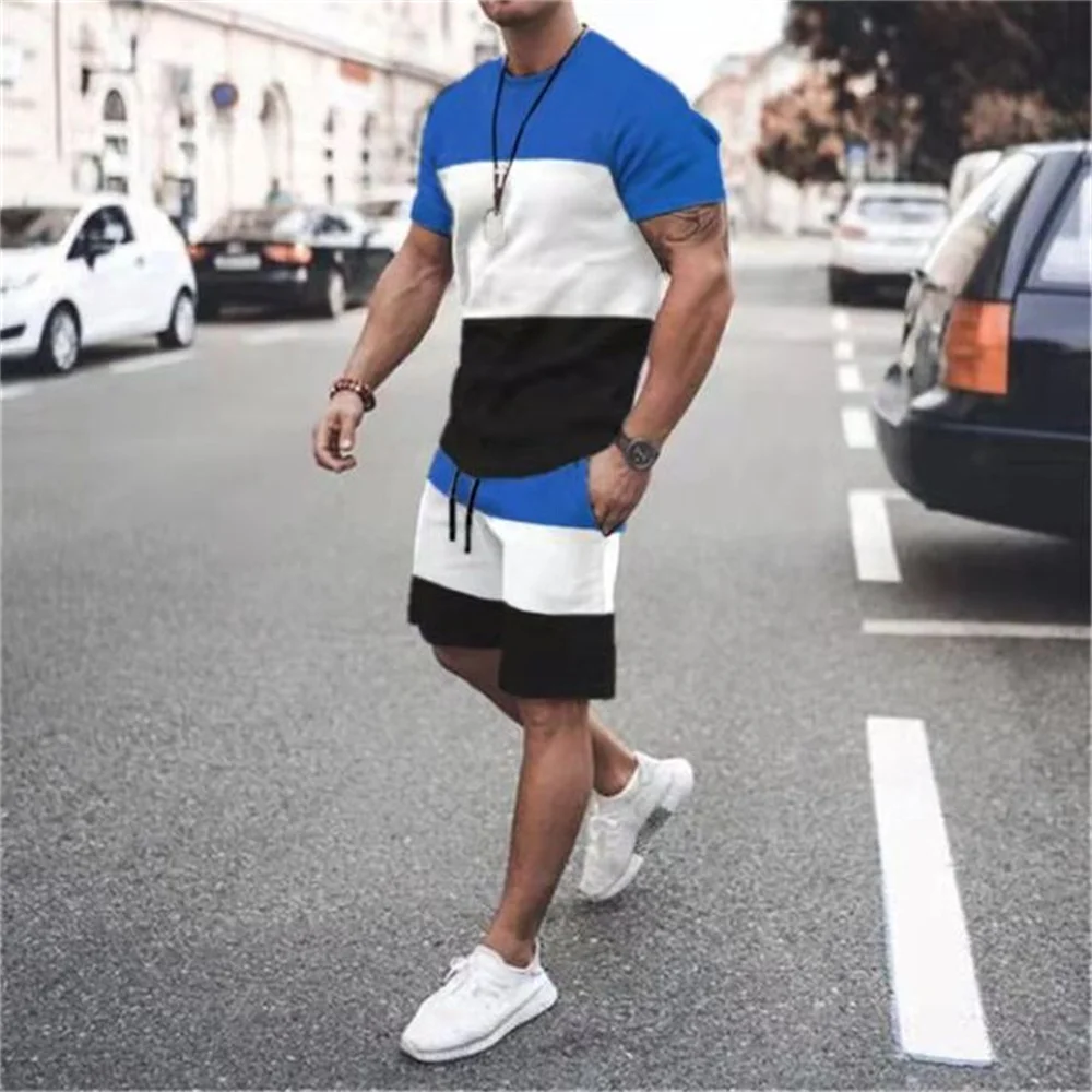 Summer Men's Short Sleeve T Shirts Oversized Men Shorts 2 Piece Sets Print Top Solid Color Tracksuit Casual Clothes Tshirt Suits