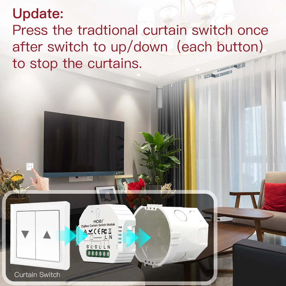Фото Moes ZigBee 3,0 умный модуль переключения занавесок моторизованный роликовый Затвор жалюзи двигатель Tuya Smart Life Alexa Echo Google Home №2