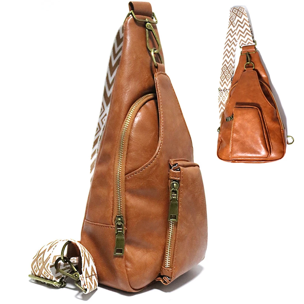 

Women Chest Bag Retro PU Leather Fanny Pack Bohemian wide Shoulder Straps Crossbody Bag Female Wallet Holder Money Pouch 36CM