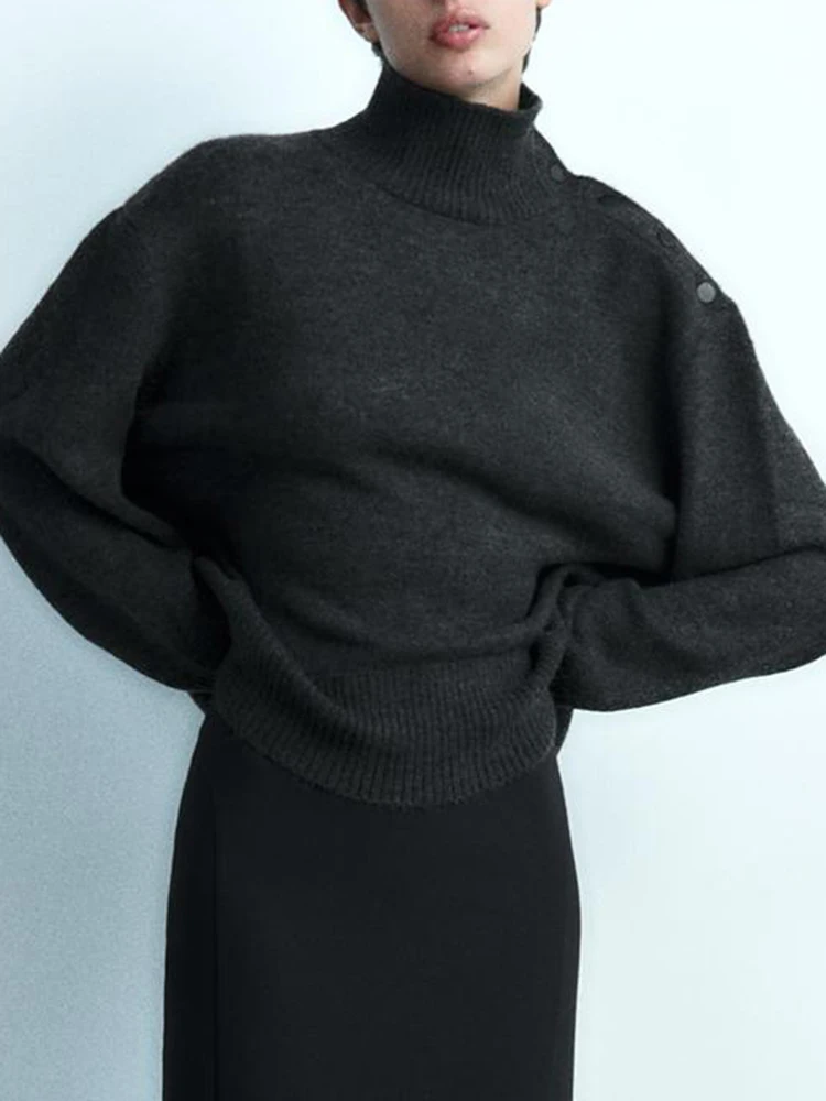 

Button Design Sweaters For Women 2023 Stand Collar Long Sleeve Loose Female Knit Pullovers Vintage Simple Winter Clothes Women