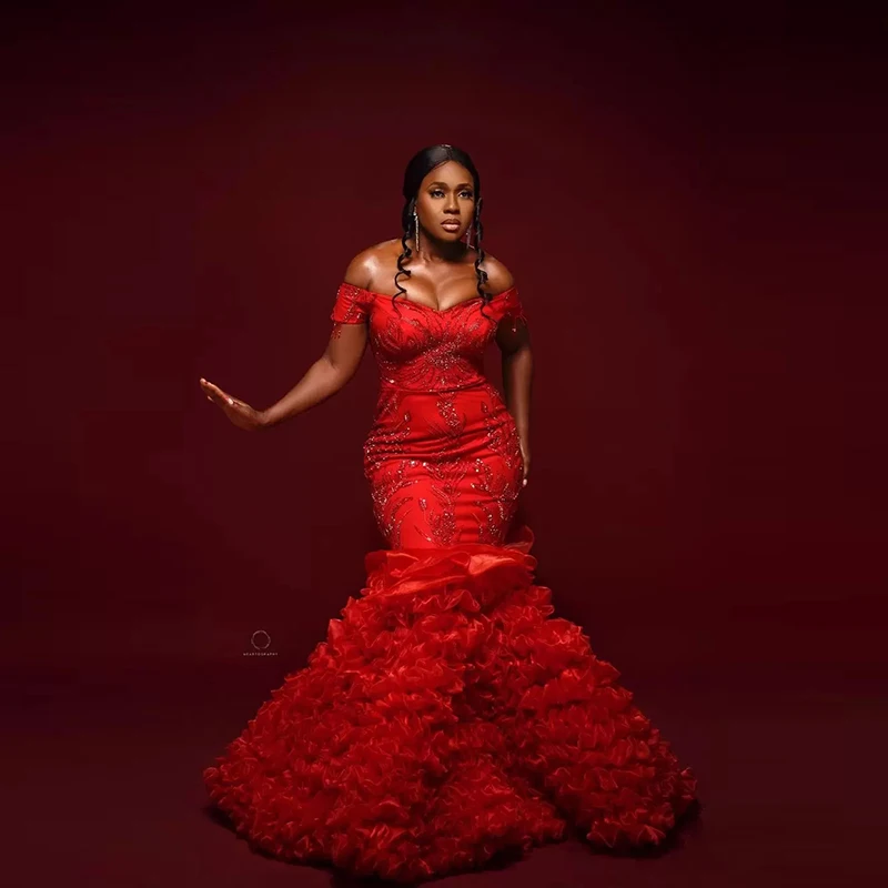 

Красное платье с открытыми плечами Aso Ebi, платье для выпускного вечера с кружевной аппликацией и оборками, вечерние платья со шлейфом, Африканское вечернее платье
