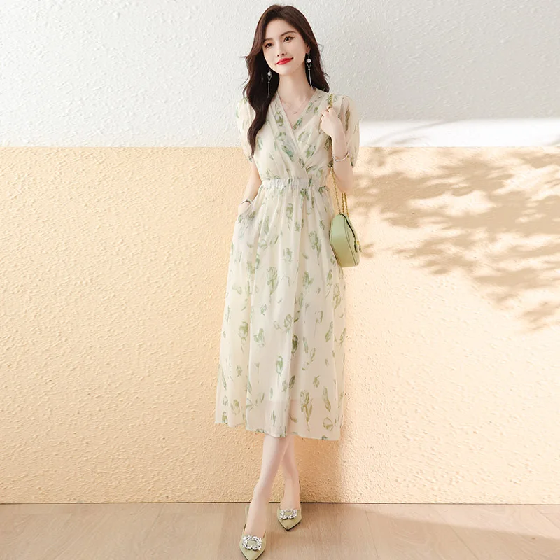 

Женское шифоновое платье миди с цветочным принтом, коротким рукавом-фонариком и V-образным вырезом