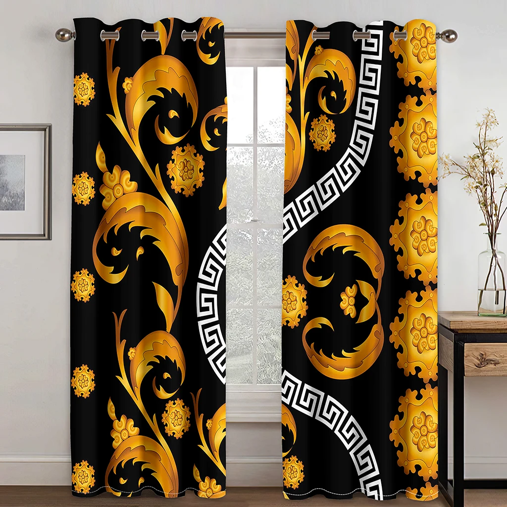 

New Ornate 65% Shading Thin Curtain Luxury Brand Black Gold Color 3D Printed Bedroom Living Room Window Curtain 2 Pieces