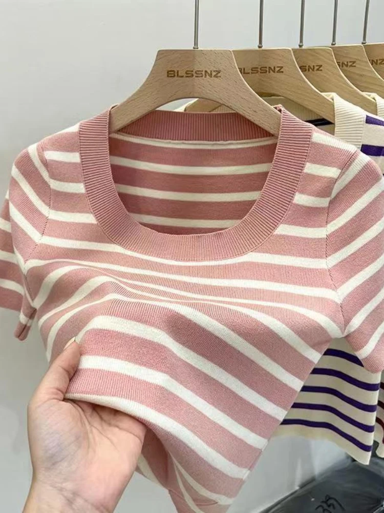 AOSSVIAO Женская полосатая футболка из хлопка Slim Fit