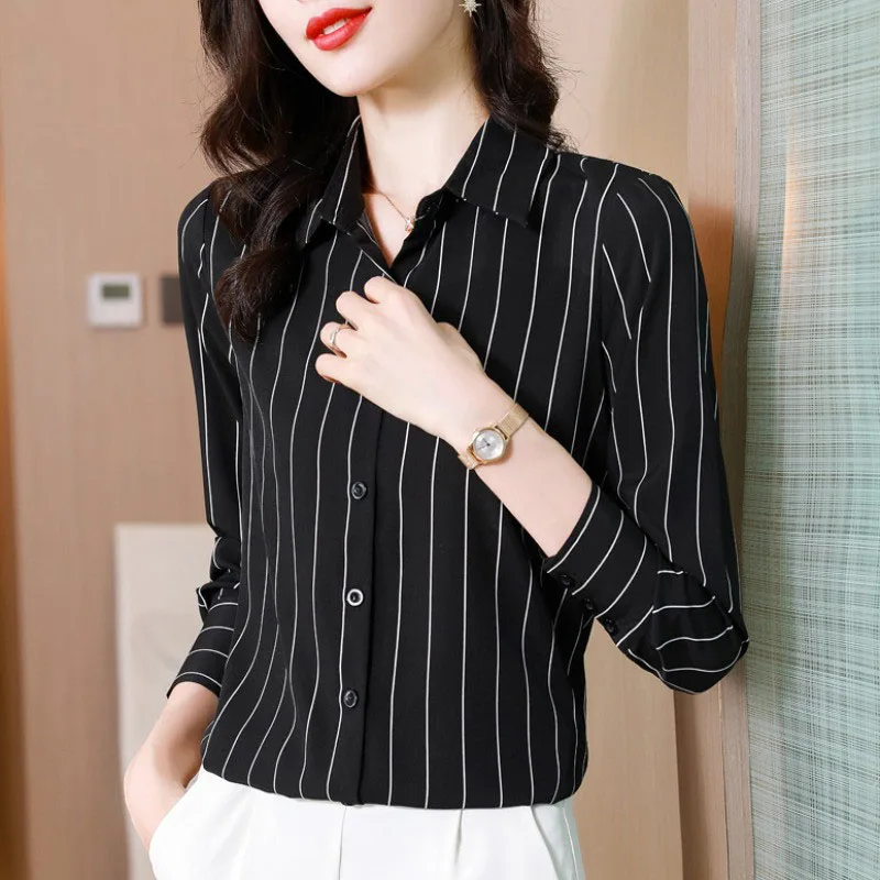 Elegant Lapel Button All-match Striped Shirt Women's Clothing 2023 Spring New Loose Casual Tops Long Sleeve Office Lady Blouse