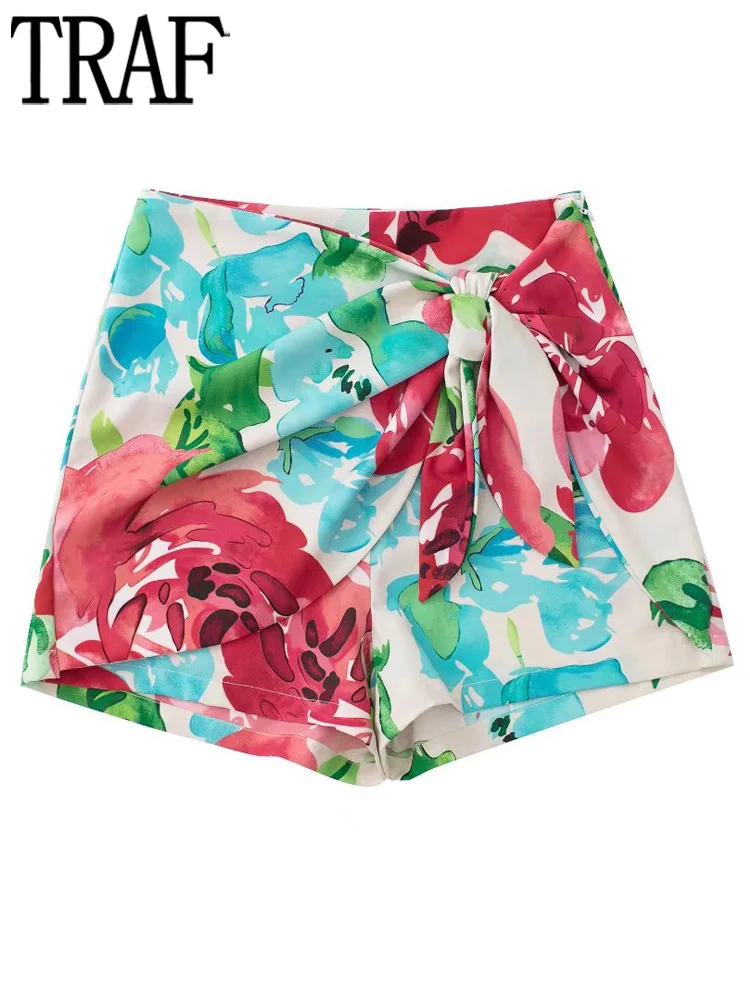 

TRAF Print Wrap Mini Skirts Woman Fashion 2022 Sarong High Waist Skirt Women Summer Knot Pleated Short Skirts for Women Skort