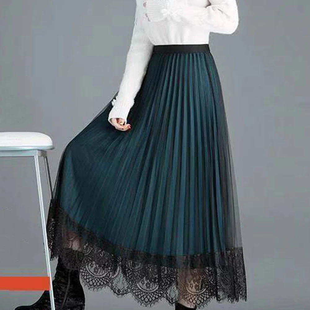 

Women's Elegant Reversible Both Sides Pleated Midi Skirt Fashion Flocking All-match Mesh A Line High Waist Summer Female Skirt