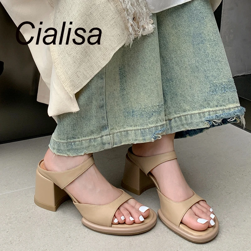 

Cialisa Open-Toed Woman Slipper Genuine Leather Summer Dress Shoes Handmade 5.5cm High Heel Outdside Women Slippers Apricot New