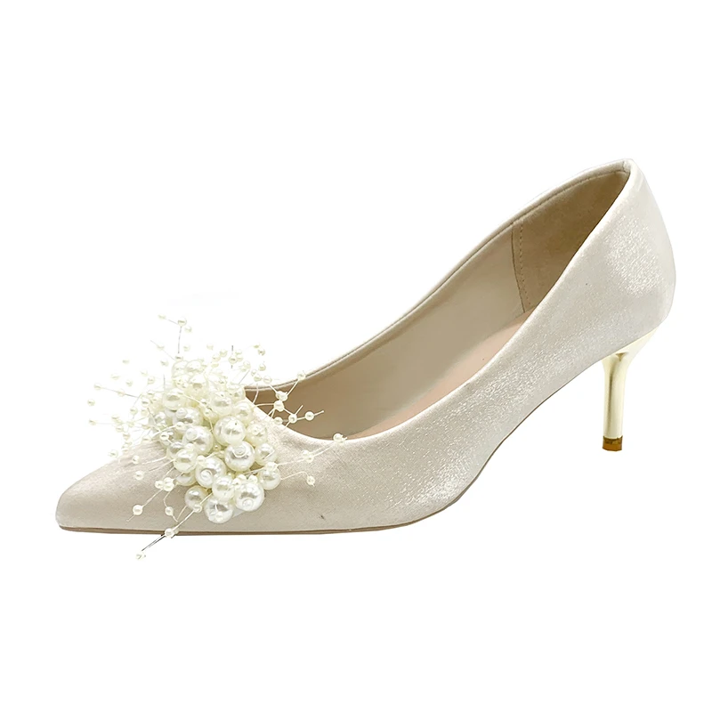 

HKXN 2022 New Fashion French-Style Bride Bridesmaid Shoes White Pearl Heel Large Size High Heels Wedding Shoes for Women
