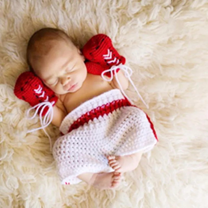 2Pcs/Set Newborn Photography Props Infant Crochet Knit Cute Boxing Clothes  Gloves And Pants Suit Baby Photo Costume