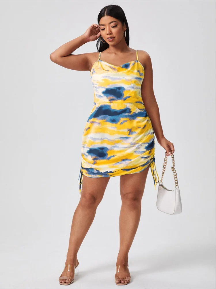 Spot fat mm temperament commuting waist strap type short skirt yellow tie-dye printed strap dress plus size summer dresses