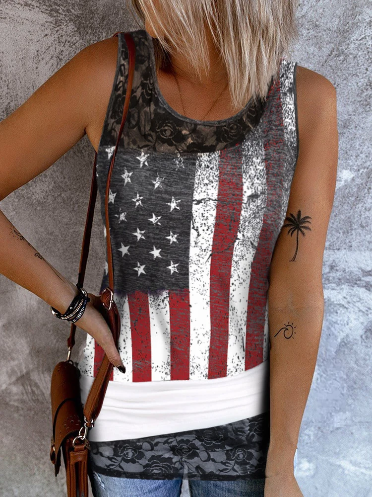 

Women American Flag Lace Trim Splicing Tank Top Side Drawstring Sleeveless Shirt Patriotic US Flag Hollow Out 2023 New Blouse