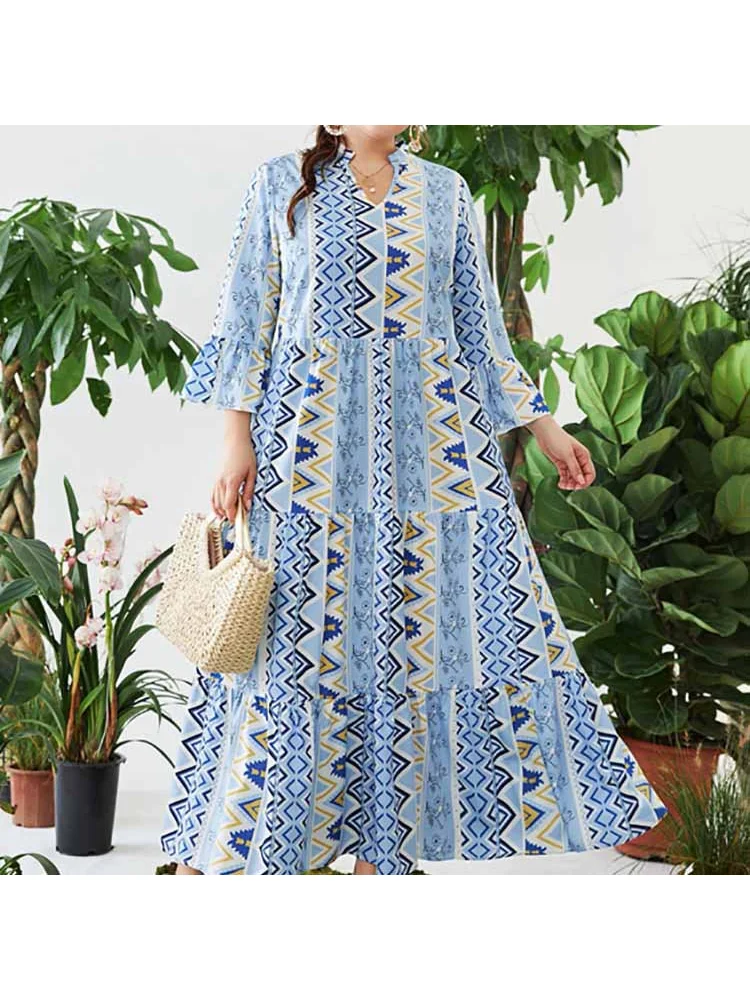 Plus-size new blue print skirt elastic waist dress women's wear plus size women clothing dress