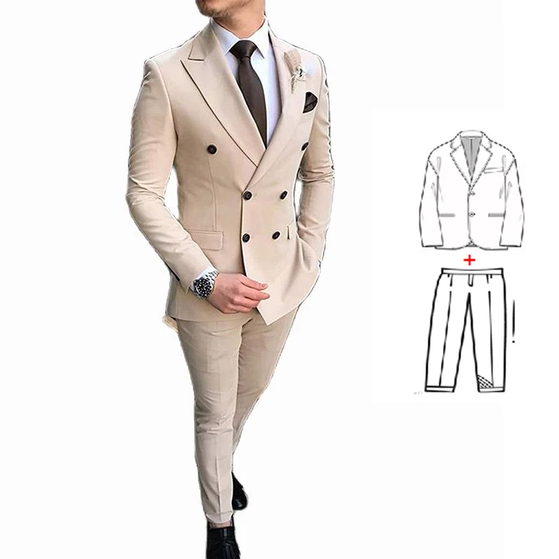 2022 New Beige Men's Suit 2 Pieces Double-Breasted Notch Lapel Slim Fit Casual Tuxedos For Wedding(Blazer+Pants)