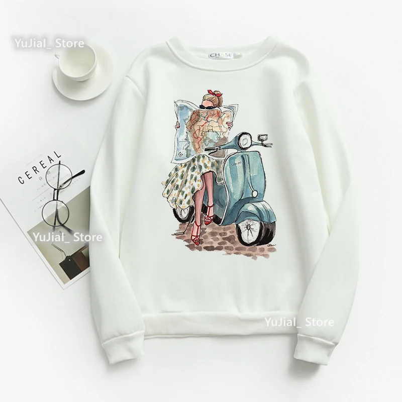 

Just A Girls Love Vespa Scooter Print Hoody Women Watercolor Leopard Sweatshirt Femme Fashion Long-Sleeved Jumper Winter Clothes