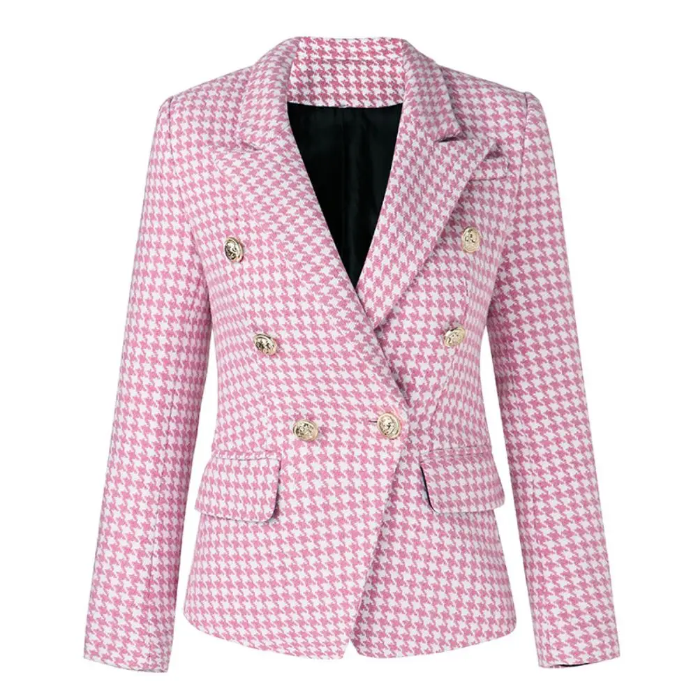 2023 New Winter Warm Women Blazer Luxury Sweet Style High Quality Slim Houndstooth Pattern Thick Fabric Tweed Women Pink Jacket