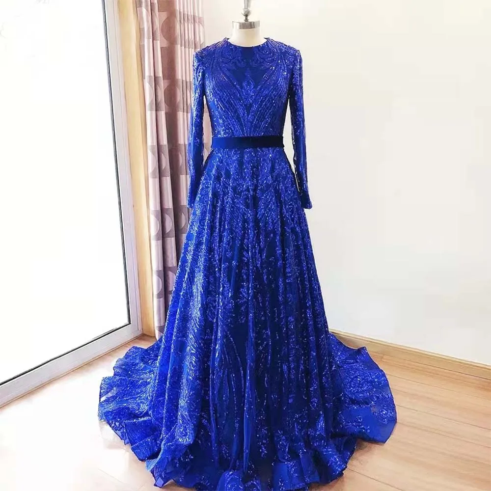 

Royal Blue Sequins Evening Dresses Full Sleeves A-Line Reflective Formal Women Party Dress Customize Back Zipper Robe De Soirée