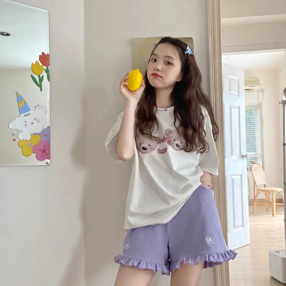 Shorts Kawaii Streetwear Bow Embroidery Elastic High Waist Wide Letg Women Summer Lolita Sweet Cute Ruffle Shorts Femme