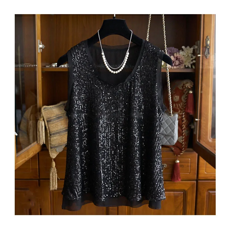 Женская Двухслойная футболка без рукавов с блестками