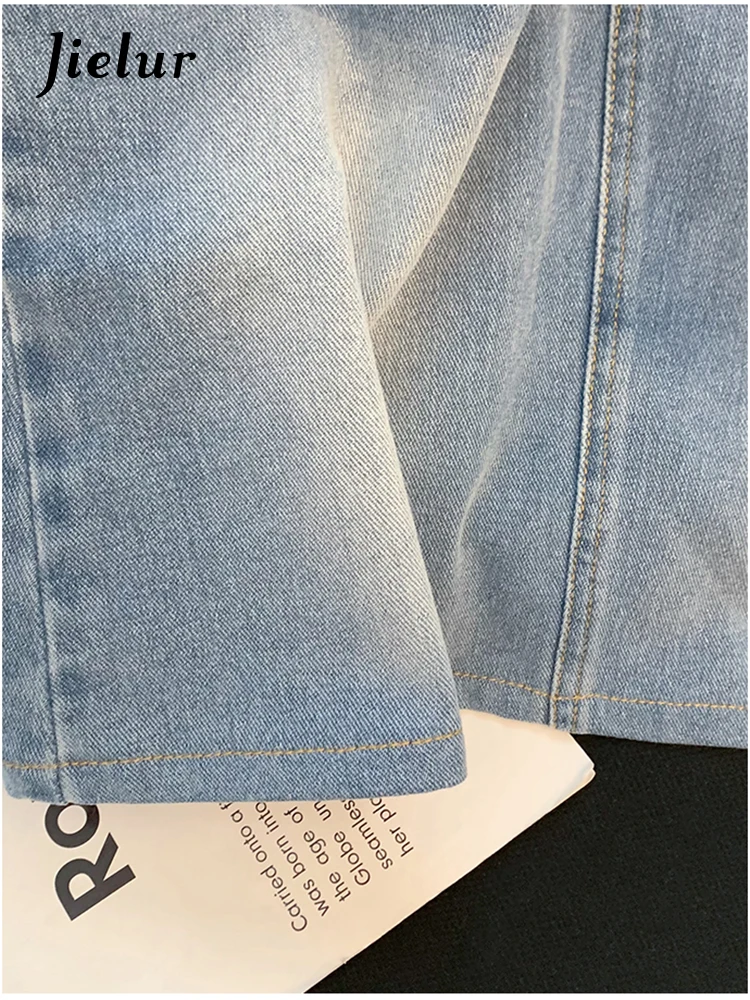 Jielur Светло-синие цветы вышивка ковбойская юбка Леди Лето Новая мода А платье с