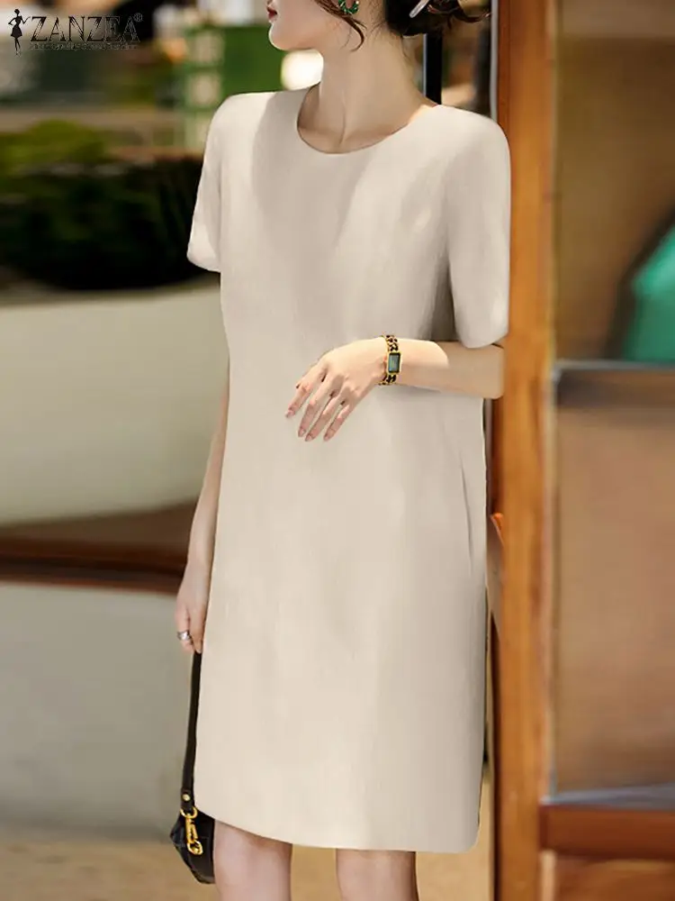 

Women Solid Knee Length Dresses ZANZEA Elegant Work Vestidos Fashion Summer Dress Causal Robe Short Sleeve O-Neck Sundress 2023