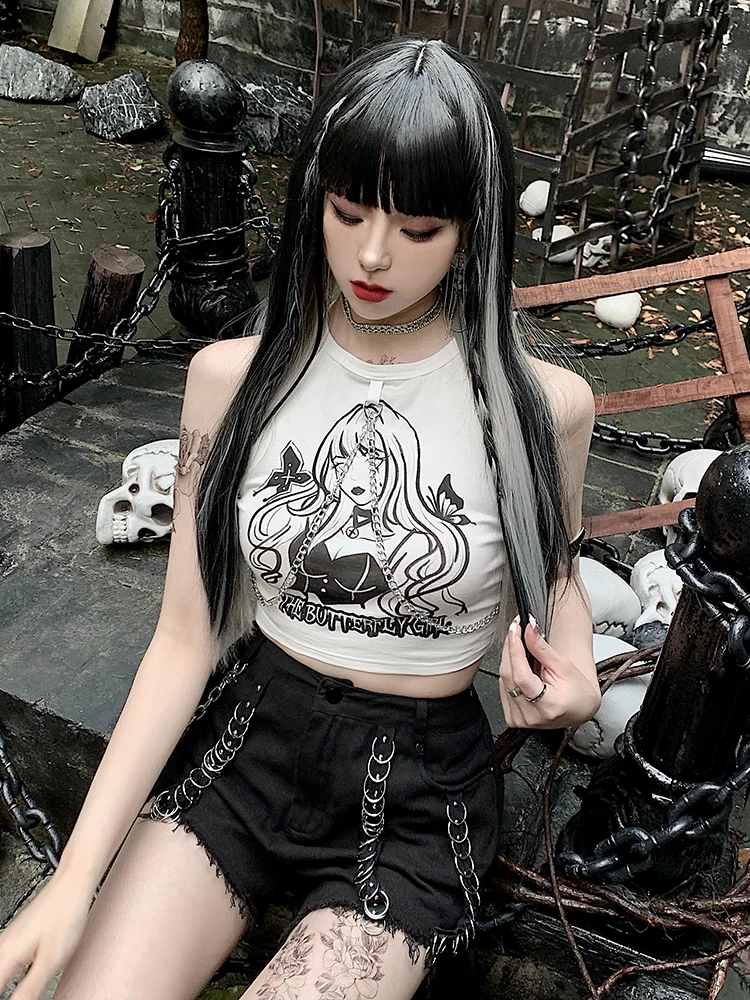 Женский короткий топ с металлической цепочкой и принтом в стиле Харадзюку -