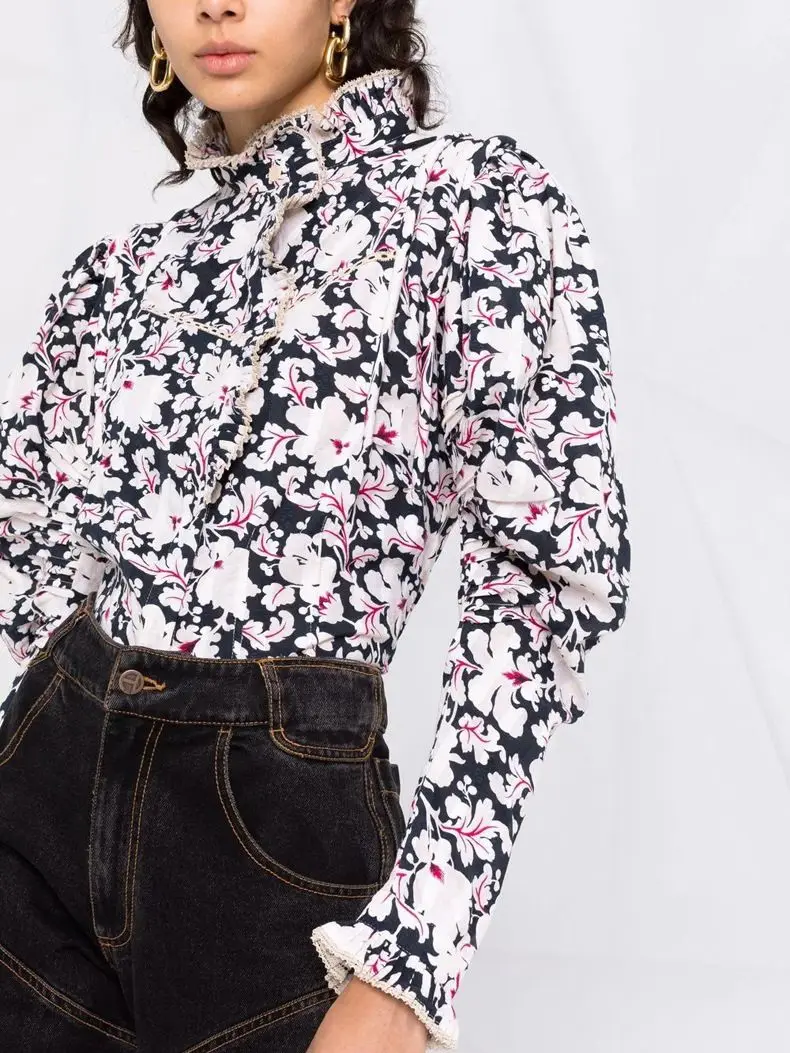 

Женская свободная рубашка с воротником-стойкой и цветочным принтом, осень 2022