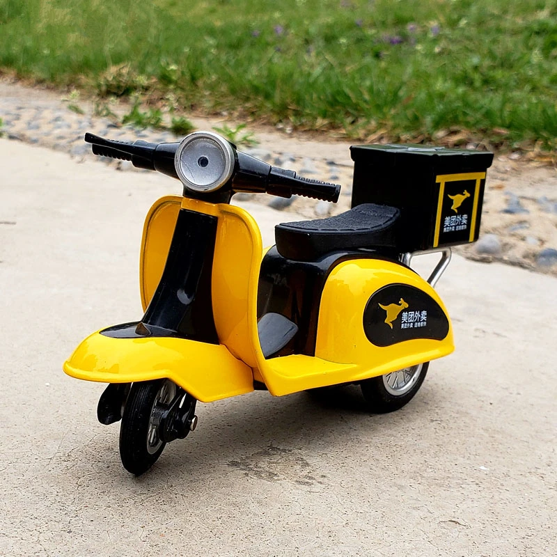 

1/12 Alloy Deliver Fast Food Motorcycle Model Diecasts Mini Run Errands City Portability Motorcycle Model Sound Light Kids Gifts