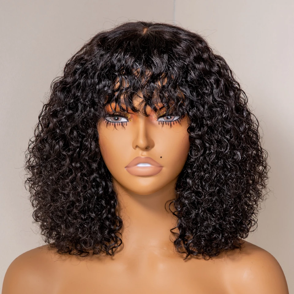 

Fummi human hair wig with bangs glueless water wave Made Scalp deep short curly bob for black Brazilian virgin female pixie cut