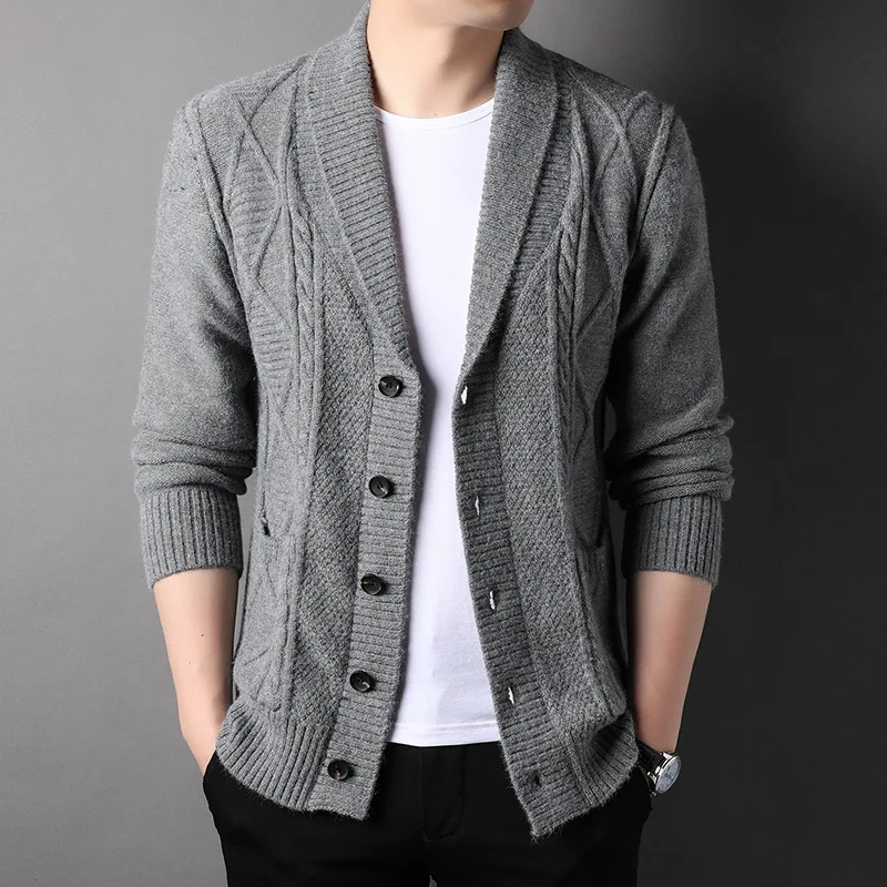 2023 New British Style Men's Knitted Cardigan Coat Thickened V-neck Gray Sweater with Long Sleeves, Casual Knitwear, Size M-4XL
