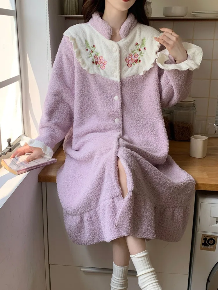 Полубархатная ночная рубашка осенне-зимняя женская кардиган коралловая