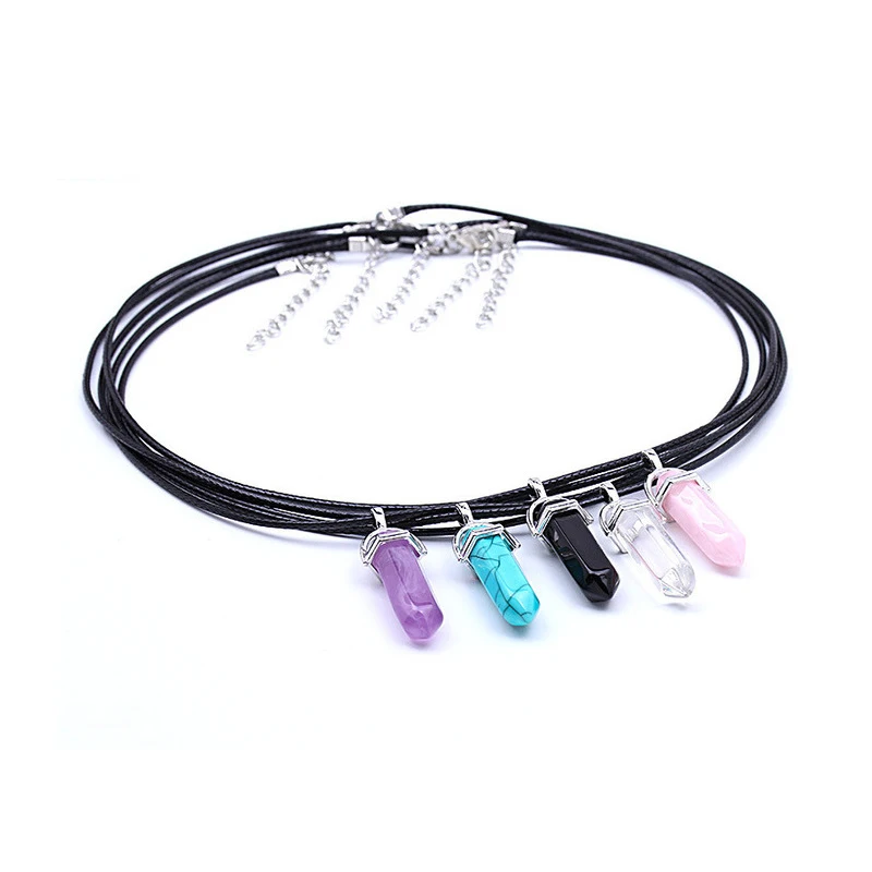 

Natural Stone Crystal Pillar Pendants Necklace Hexagonal Column Quartz Lapis Opal Amethyst Bullet Leather Chain Necklace Jewelry