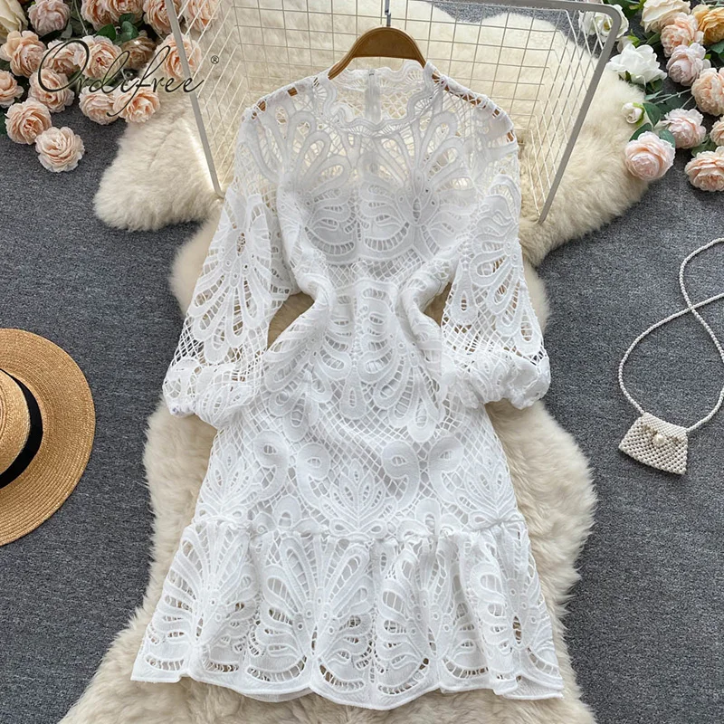 

Женское кружеввечерние вечернее платье Ordifree, белое ажурное Роскошное винтажное зеленое платье с длинным рукавом, осень-лето 2022