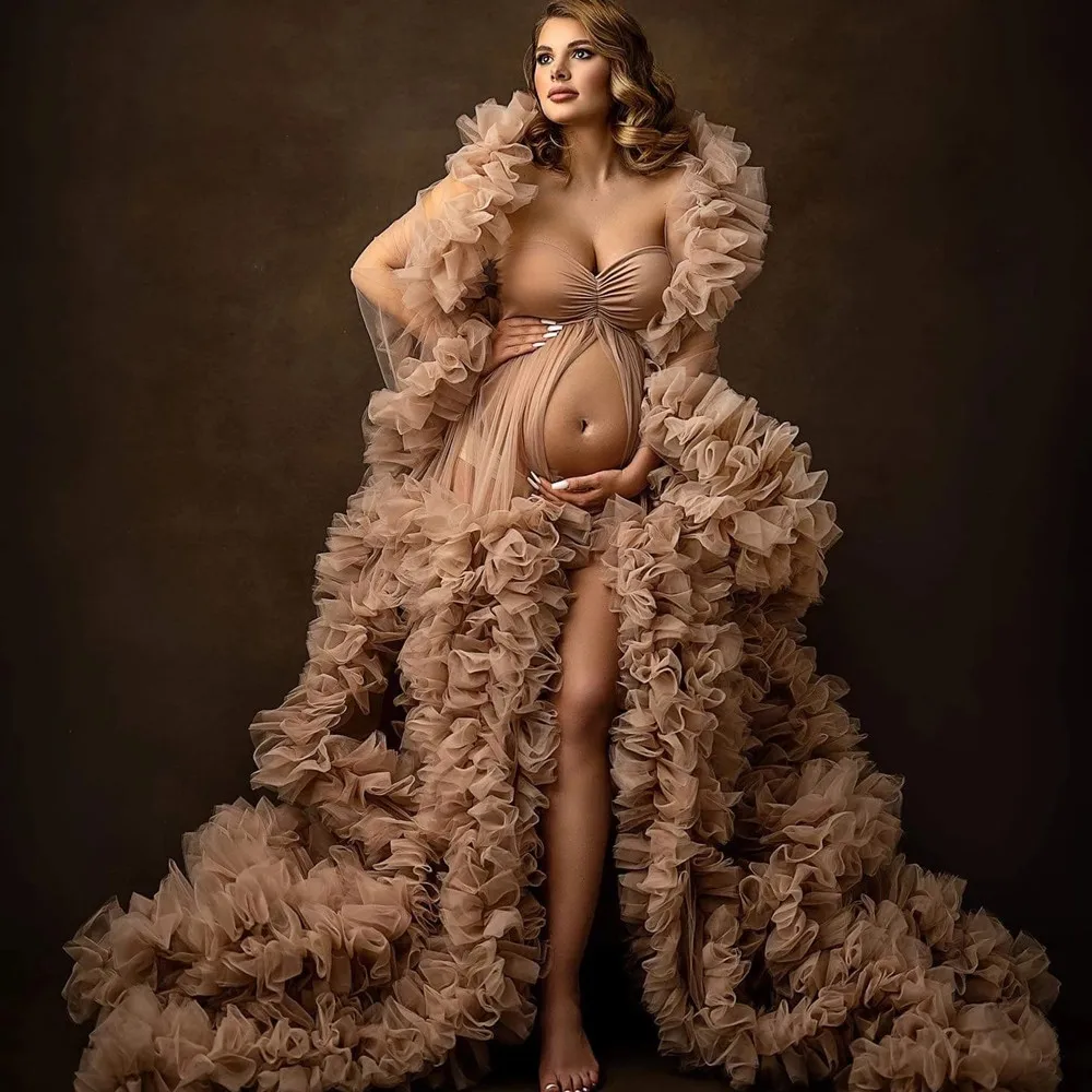

Lush Khaki Puffy Tiered Ruffles Maternity Dress Sheer Long Women Maternity Dressing Gowns for Photoshoot Pregnancy Tulle Robes