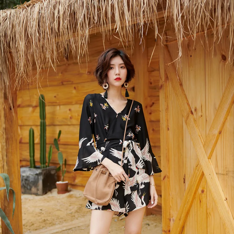 Summer Playsuits Printed Floral Vintage Sexy V-neck Flare Sleeve Ruffles Romper Women  Boho Beach Loose Shorts Jumpsuits Pants